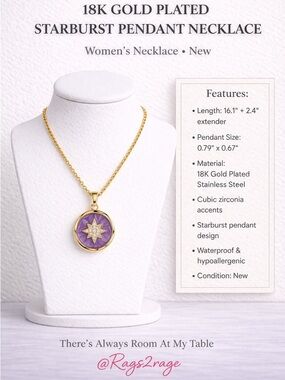 Gold Starburst Pendant Necklace Waterproof Stainless Steel CZ
